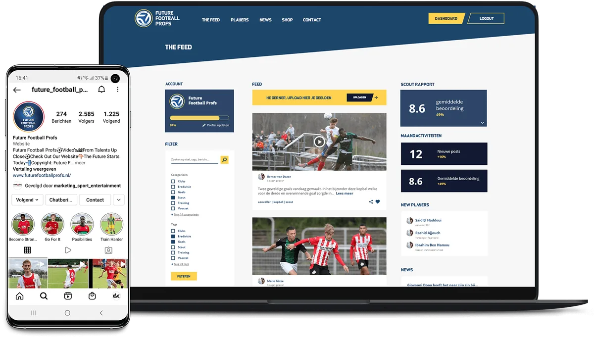 Future Football Profs platform op telefoon en laptop
